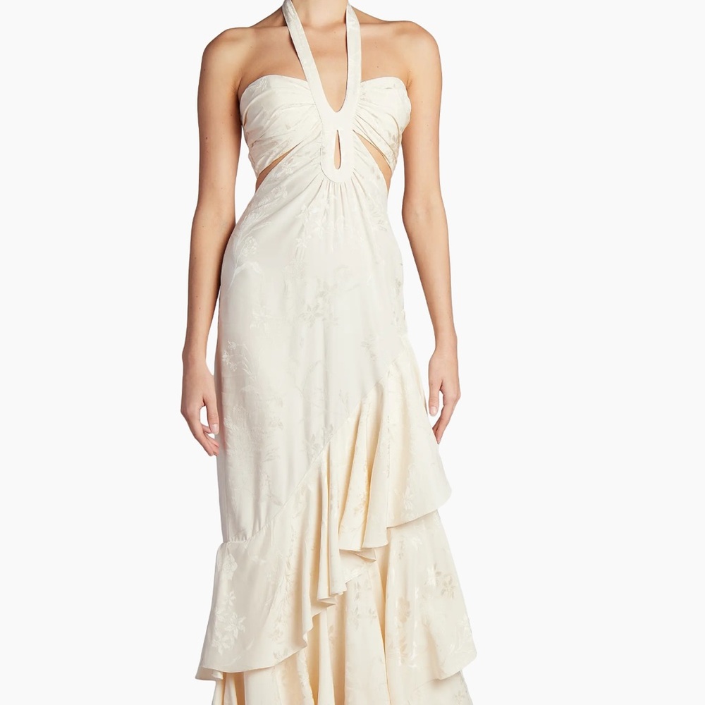 Johanna Ortiz Balladist Floral Ruffled Halter Gown Ecru Ivory